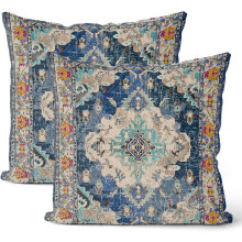 Capas de Almofada Boho 45x45cm, Conjunto de 2, Capas de Almofada Decorativas em Linho Persa Azul Marinho – Estilo Fazenda, Vintage, Tapete Mônaco