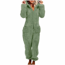 Damen-Fleece-Schlafanzug mit Kapuze und Füßen, warme Winter-Nachtwäsche, langärmeliger Overall mit Reißverschluss, Größen S–2XL, Mintgrün