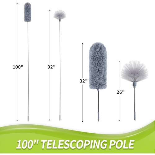 Cobweb Duster with Extension Pole, 100'' Microfiber & Chenille Ceiling Cleaner Kit, Reusable Feather Duster, Bendable, Washable 2