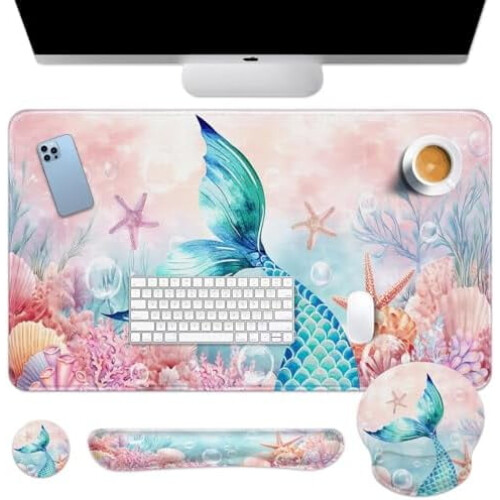 Conjunto de teclado e mouse pad sereia rosa 4 em 1 35,4 x 15,7 polegadas