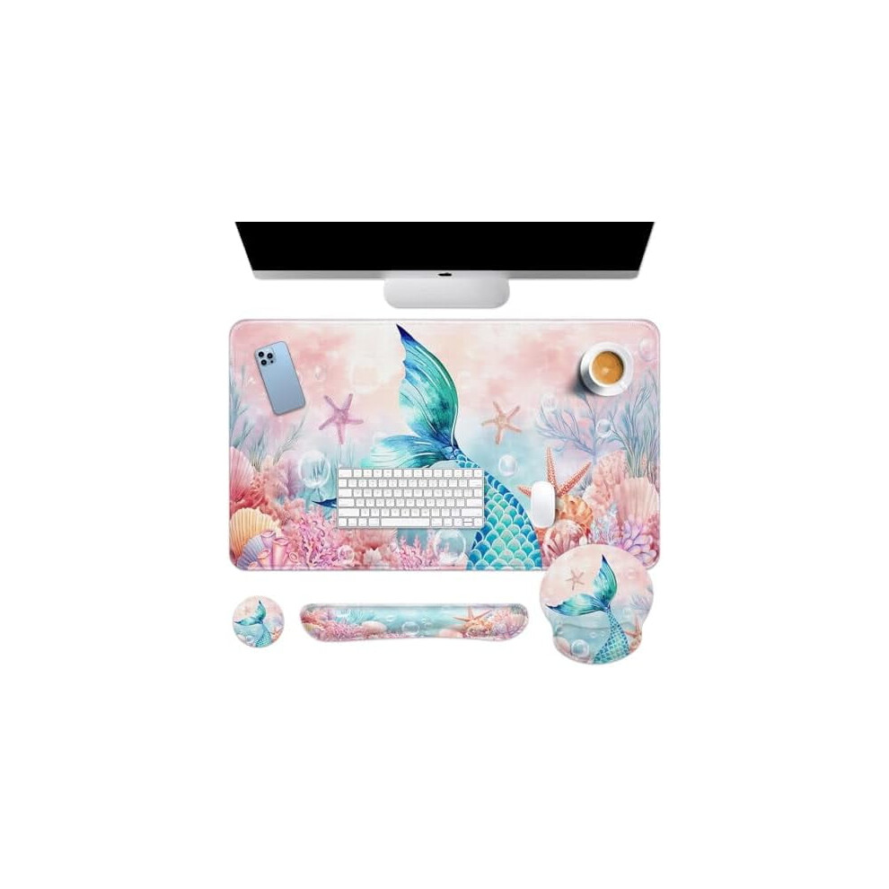 Mermaid Keyboard & Mouse Pad Set 4-In-1 (35.4X15.7") + Wrist Rests + Coaster, Ergonomic, Compatible With All Keyboards/Mice Pink 9193271590033