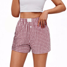 Damesshorts van katoen en linnen met ruitpatroon, elastische tailleband, zakken, ademend en voorgekrompen, maten S-3XL