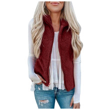 Jaqueta feminina plus size sem mangas com zíper e bolso, cor sólida, modelo colete com lapela, estilo casual e confortável para uso diário.
