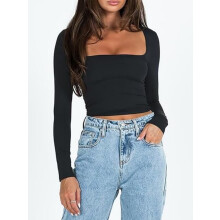 Women's Sexy Square Neck Crop Top Long Sleeve Slim Fit Cropped T Shirts