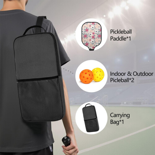 Σετ κουπιών Pickleball με κουπιά από fiberglass σε σχέδια λουλουδιών, 2 μπάλες και τσάντα – 1