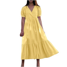 Dames gele maxi-jurk, V-hals, losse pasvorm, korte mouwen, swingjurk tot halverwege de kuit, casual zomer- en strandjurk, ook verkrijgbaar in grote