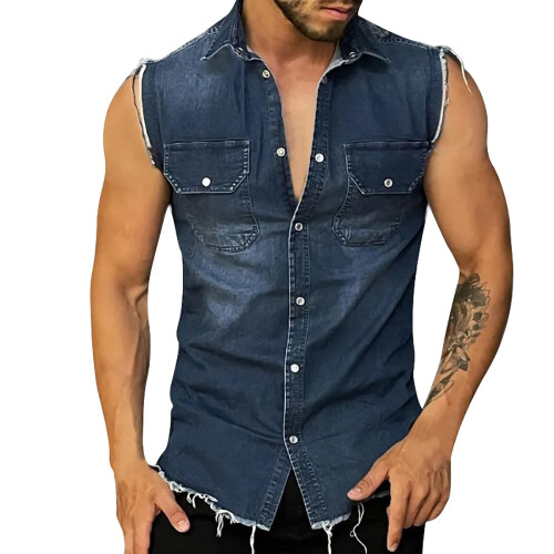 Ανδρικό τζιν φανελάκι Vintage Slim Summer Tank Top χωρίς μανίκια και κουμπιά, τζιν μπουφάν με 1