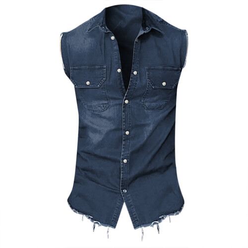 Ανδρικό τζιν φανελάκι Vintage Slim Summer Tank Top χωρίς μανίκια και κουμπιά, τζιν μπουφάν με 2