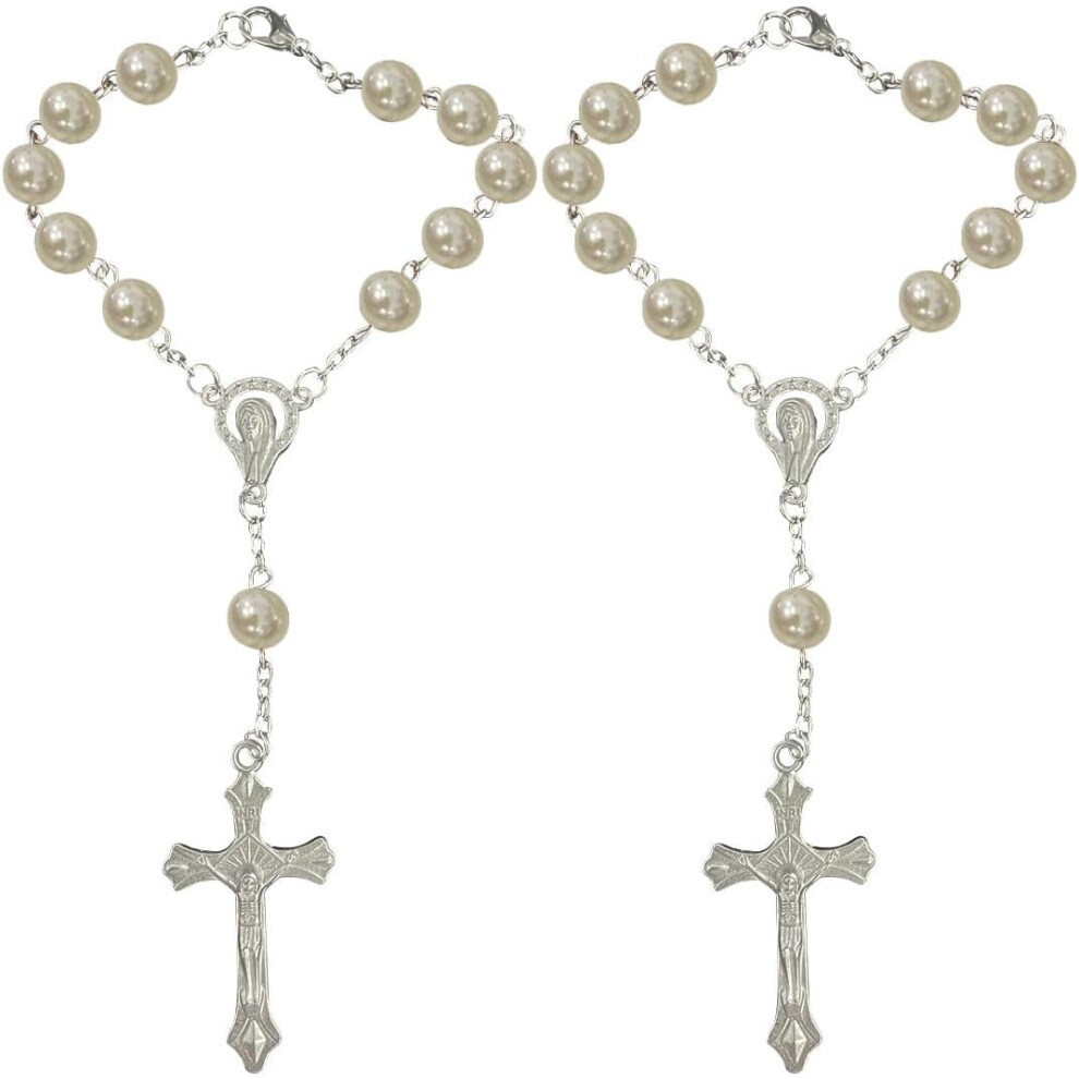 2Pcs Car Rosary For Rearview Mirror, Compatible With Auto Interiors, Cross Pendant Charm & Medal For Women/Men White 9130661661188