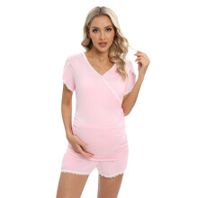 Women's Maternity Nursing Pajamas for Hospital Short Sleeve Pregnancy Breastfeeding Sleepwear Set Pink S-3XL