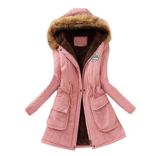 Winterjas voor dames, warm, met capuchon, slanke pasvorm, roze, maat M 2