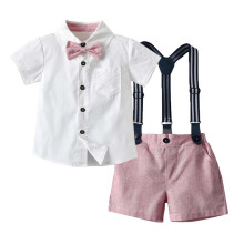 Toddler 2-Piece Formal Suit Set for Boys – Floral Shirt & Strap Shorts, Summer School Uniform, Photography Outfit, Pink, Compatible with Baby
