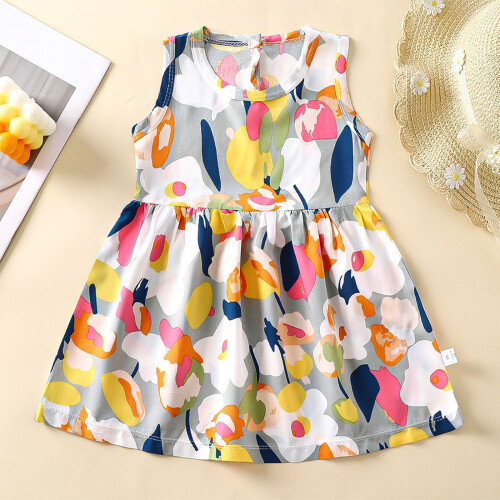 Ärmelloses, bedrucktes Mädchenkleid, Grau, 6 Monate 1