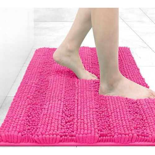 Chenille stribet badeværelsestæppe 76x51 cm dyb pink