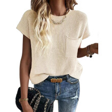 Chaleco de punto vintage para mujer con mangas cortas, cuello redondo y bolsillo, sin mangas, corte holgado, estilo vintage, moderno e informal,