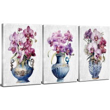 Tableau aquarelle vintage d'orchidées violettes sur toile (30 x 40 cm, lot de 3) – Décoration murale florale abstraite pour salon et chambre,