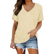Blusa amarilla de algodón con cuello en V y manga corta para mujer, talla grande, corte holgado, ideal para el verano, tanto para ocasiones