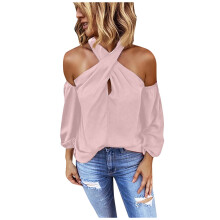Camisetas de manga larga de poliéster para mujer, lisas, con cuello en V, blusas elegantes para mujer, tops casuales de manga larga.