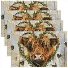 Highland Cow alátét szett, 4 db, 45x30 cm, világosbarna, beltéri/kültéri Western állatos asztaldekoráció