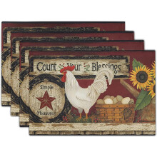Vintage Rooster Placemats Set of 4, Farmhouse Chicken Linen, Rustic Country Style, Heat Resistant & Non-Slip, Washable