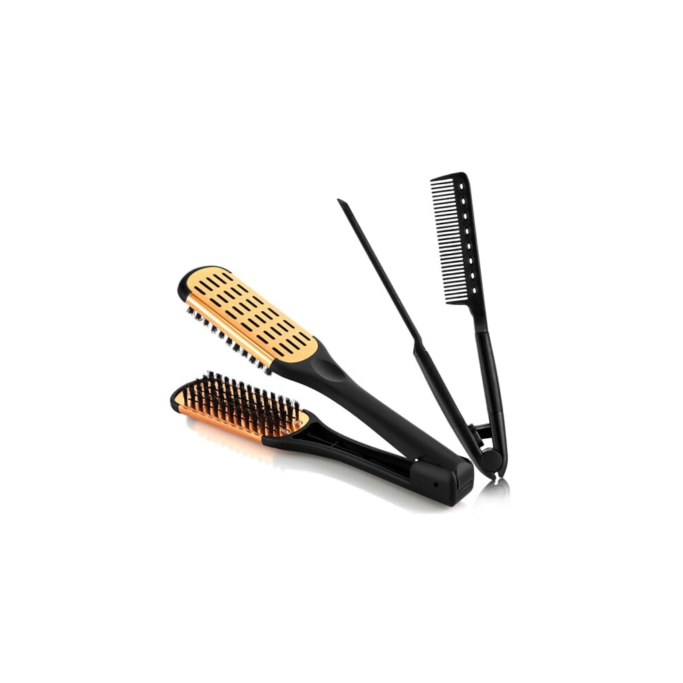 Hair Straightening Comb with Boar Bristles V-Shaped 2 Pcs