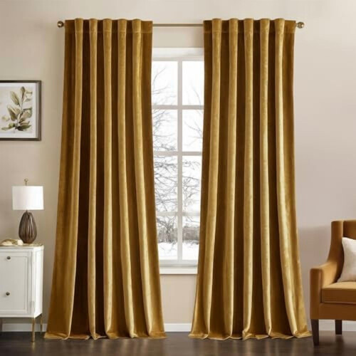 Cortinas opacas de veludo dourado, 84 polegadas, 2 painéis.