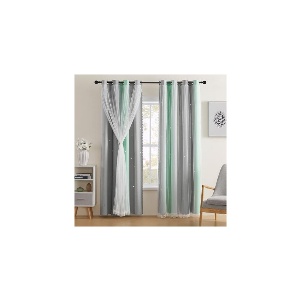 Green Grey Kids Blackout Curtains For Girls' Bedroom, Nursery – 34X54", 2 Panels, Compatible With Rainbow Princess & Unicorn Decals Green,Grey