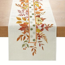 Tischläufer mit Kürbis- und Ahornblattmuster, orange-weiß kariert, 33 x 183 cm, Herbstliche Küchen- und Esszimmerdekoration