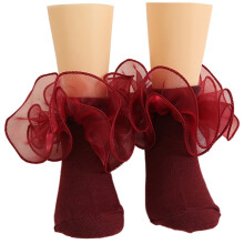 Calzini da bambina con volant, pizzo, balze, stile principessa, occhielli, in cotone, alla caviglia, 3 paia per bambine, rosso scuro 0-10 anni