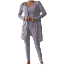 Damespyjamaset van geribbeld gebreid materiaal, 3-delige nachtkleding bestaande uit een top met korte mouwen, een broek en een vest. Comfortabele
