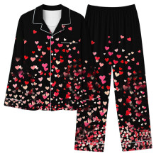 Valentinstag-Pyjama-Set für Damen: Herzchenmuster, Oberteil mit Knopfleiste und Hose mit elastischem Bund und Tasche, Übergrößen S-2XL, ideales