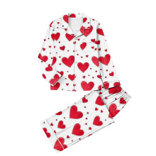 Kvinders Valentinsdag-pyjamassæt med hjerteprint, blødt 2-delt nattøj, 4-vejs stretch, plus størrelse S-2XL, knaplukning foran