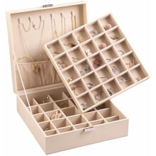 Klassisk smykkeskrin med øredobber, 50 plasser, dobbelt lag med smykkeoppbevaring, 6 halskjedekroker og armbåndslomme (beige)
