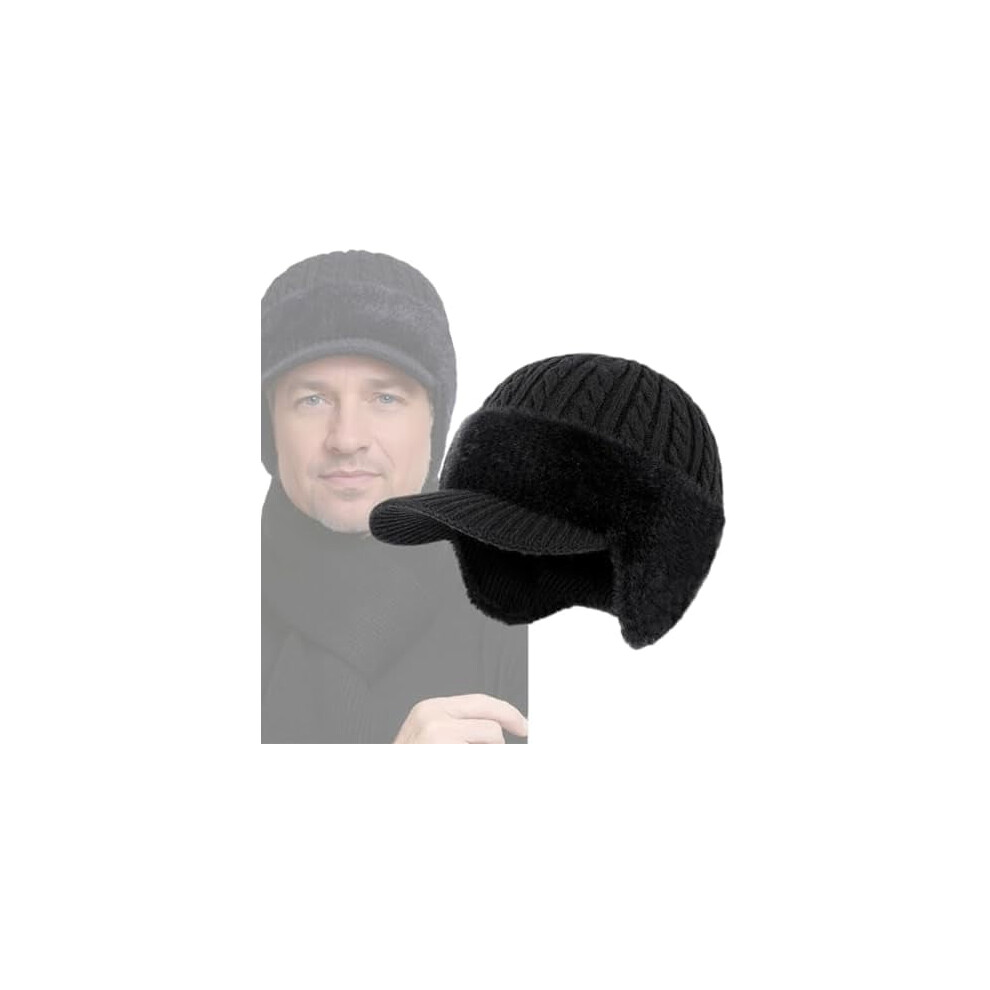 Trapper Knit Hat With Ear Flaps And Wool Brim Fur-Lined Warm Stylish Baseball Beanie For Men 9450273759203