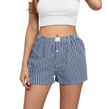 Shorts femininos de linho, cintura alta, casuais, confortáveis, de pernas largas, com estampa xadrez retrô.