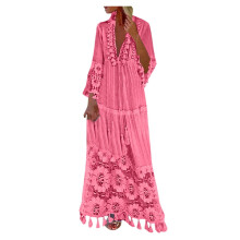 Vestido longo floral liso de verão QLEICOM, com botões, fenda e modelagem fluida, estilo boho para festas na praia.