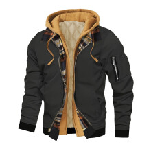 Herren-Flanelljacke, langärmelig, kariert, mit Kapuze, Reißverschluss, gesteppt, gefüttert, Thermomantel, Schwarz, Größe M