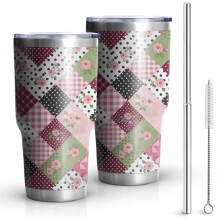 Bicchiere termico da 30 oz con motivo floreale, coperchio e cannucce.