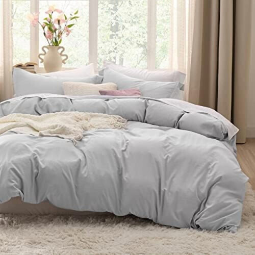 Light Grey Cal King Duvet Cover Set Prewashed Cotton-Like