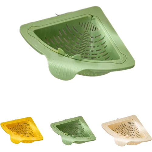 Cesta coladora triangular magnética para fregadero, color verde.