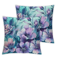 Coussin décoratif multicolore blanc à motif floral violet et bleu sarcelle, motif floral mignon pour jardin, multicolore