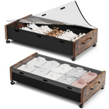 Cutii de depozitare sub pat din lemn cu roți și capac detașabil, sertare metalice pentru haine/încălțăminte – Maro vintage (pachet de 2)
