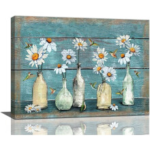 Wandbild im Landhausstil mit Blumenmuster: Rustikaler Leinwanddruck mit Gänseblümchen und Kolibri, Türkis, 40 x 30 cm, passend zu moderner