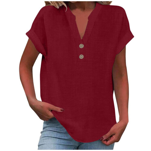 VERUGU Γυναικεία Μπλούζα με Κοντομάνικα, V-Neck, Βαμβακερά, Λινά Πουκάμισα,