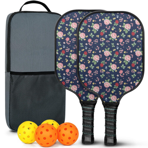 Σετ κουπιών Pickleball από fiberglass με λουλούδια, 2 μπάλες και τσάντα – Συμβατό με