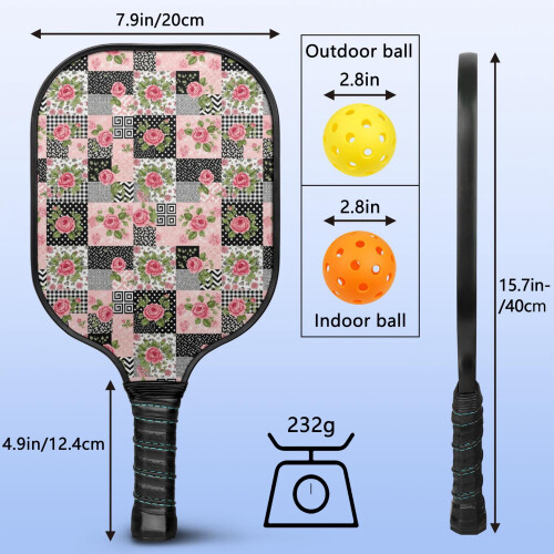 Σετ κουπιών Pickleball με επιφάνεια από υαλοβάμβακα σε λουλουδάτο μοτίβο, 2 μπάλες και 2