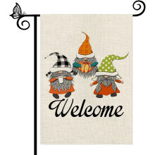 Drapeau de jardin Gnome d'automne 12,5 x 18 po en toile de jute double face