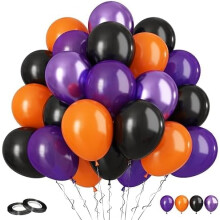Halloween-festballonger – 60 st svarta, lila och orange 30 cm metalliska latexballonger, heliumfyllda, inomhusdekoration