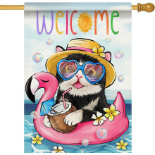 Drapeau de maison Chat Tuxedo Été – Toile de jute – 72,4 x 101,6 cm