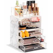 Organisateur de maquillage en acrylique à 6 tiroirs, motif marbre, petits et grands compartiments, compatible avec pinceaux et bijoux – Idée